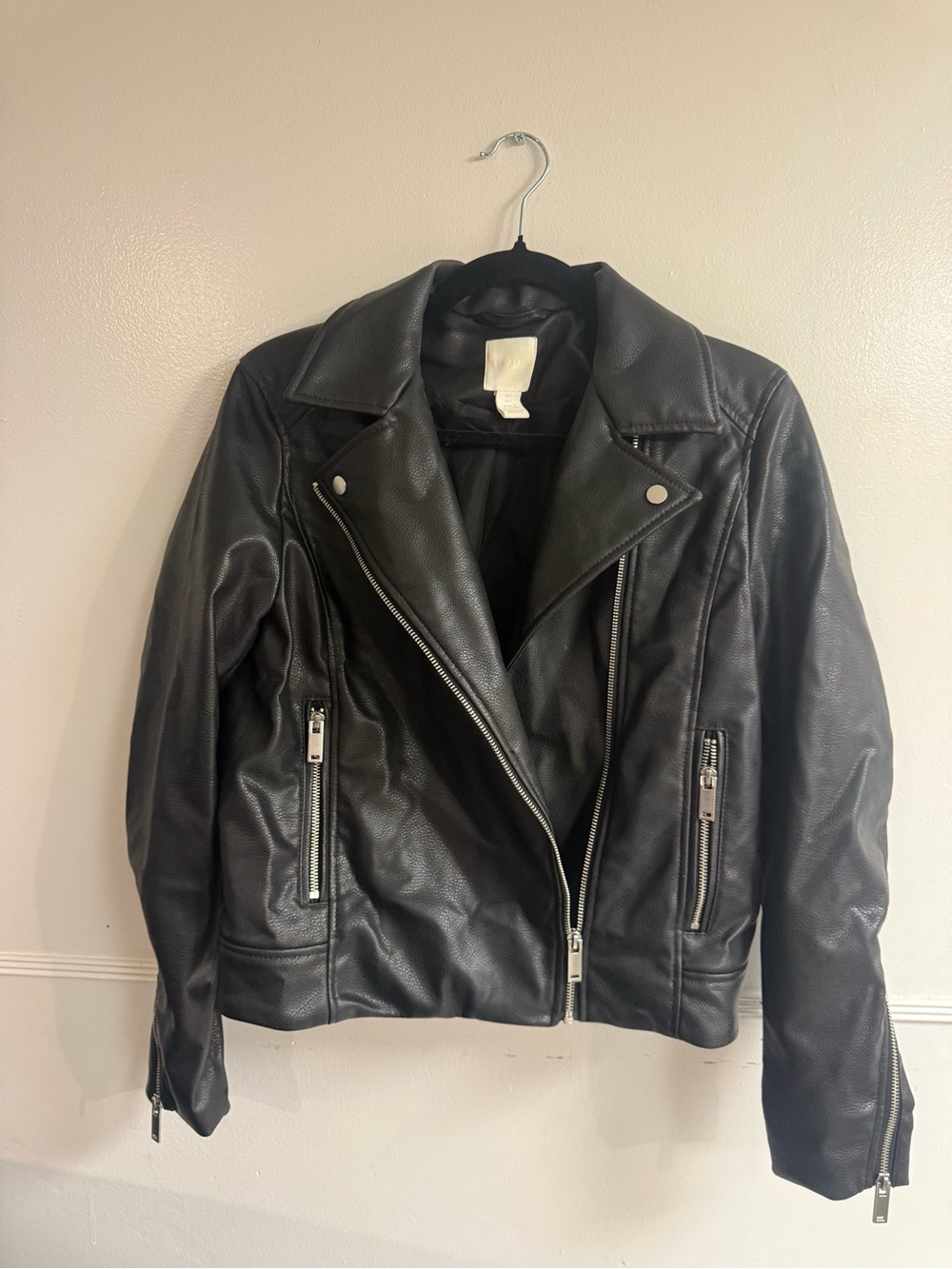 H&M Black Faux Leather Moto Jacket with Silver Zippers
